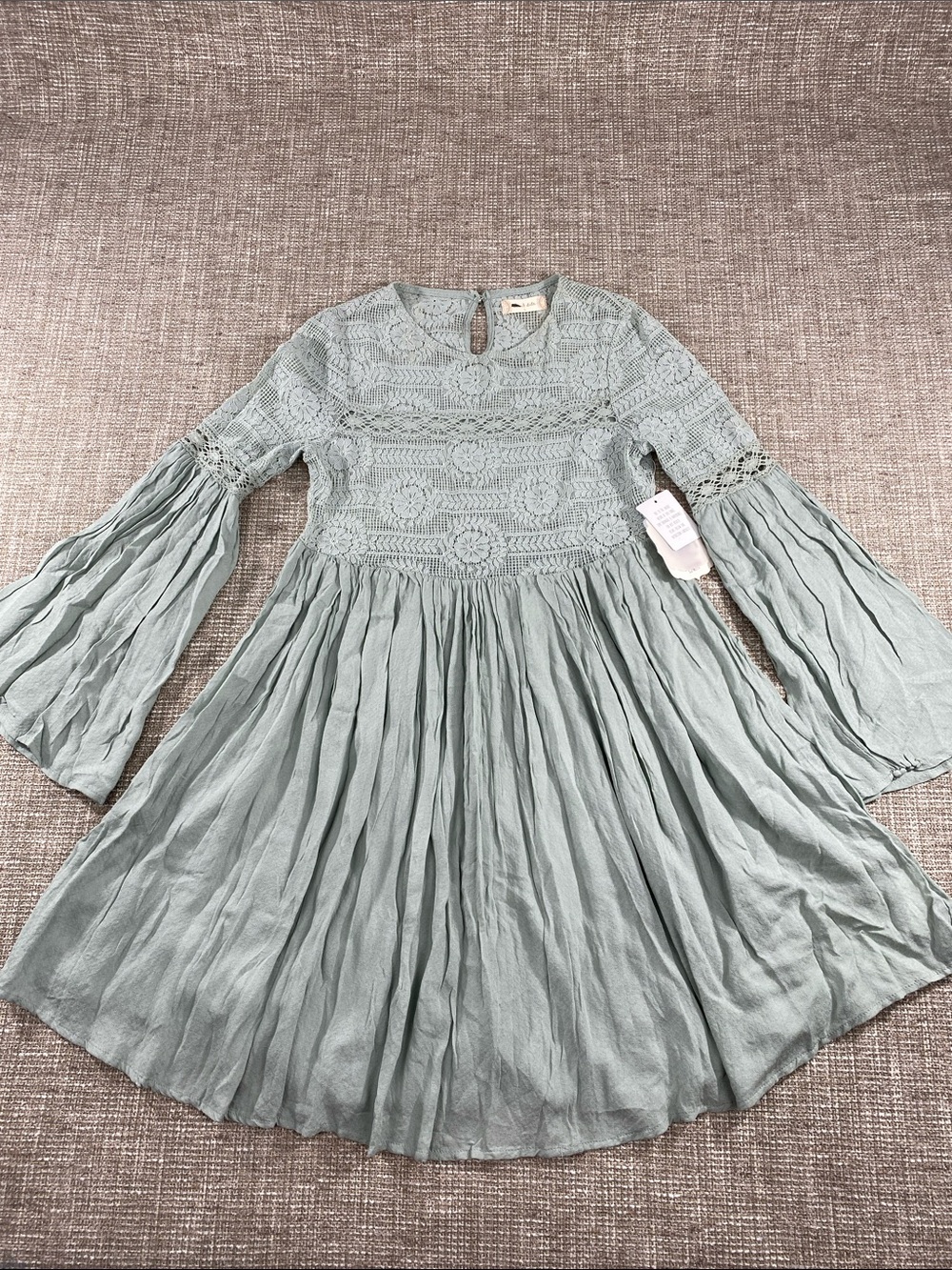 Girls' Sage Green Lace Bodice Dress with Bell Sleeves